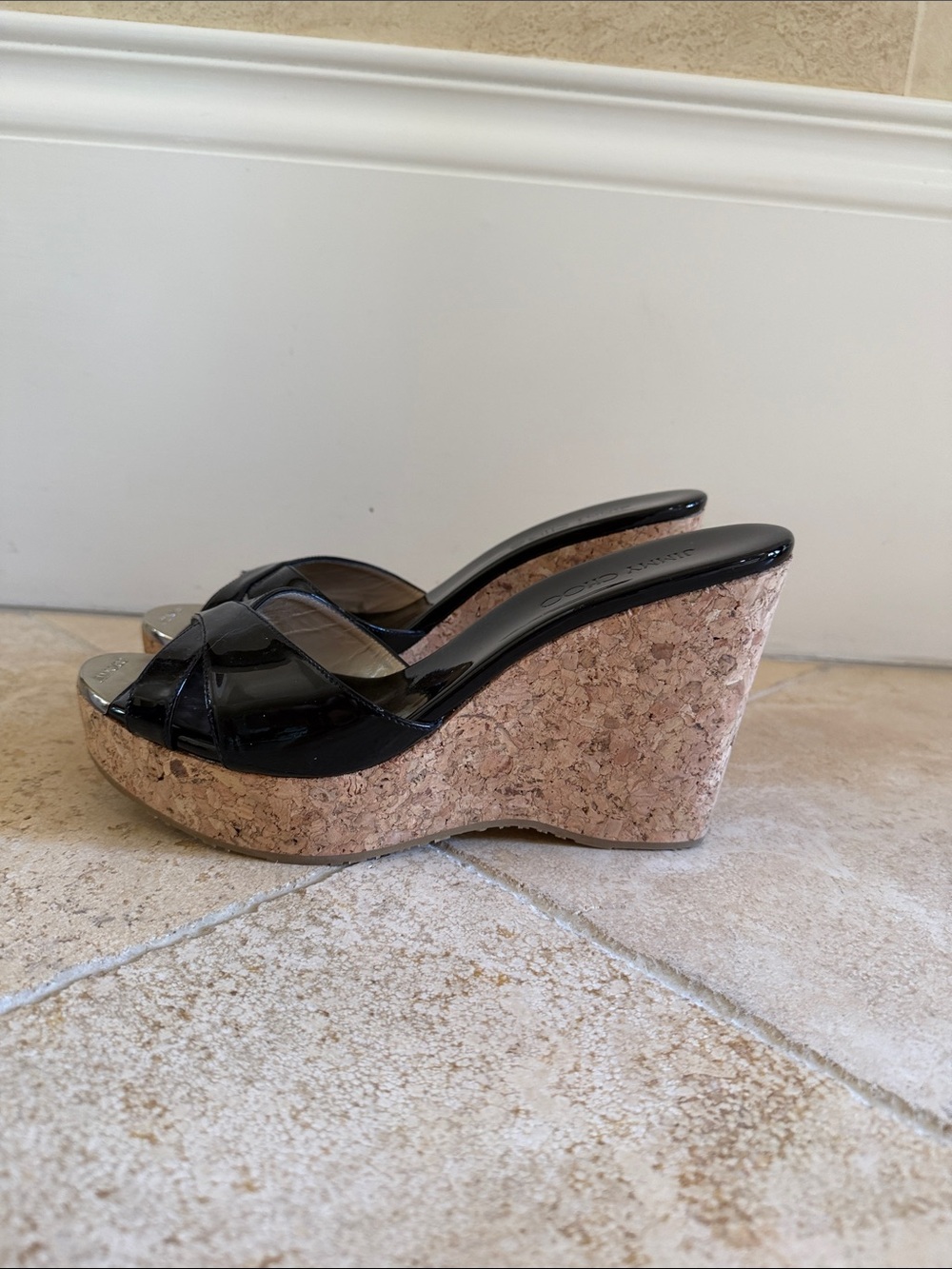 Jimmy Choo Black Patent Cork Wedge Slides
